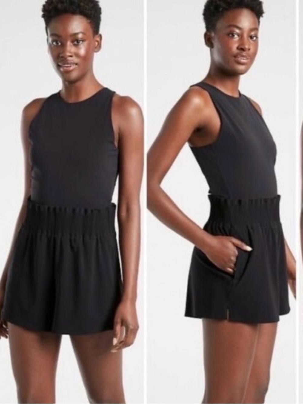 Athleta Black Cosmic Flutter Athletic Romper Tank Shorts Cinched Waist XS